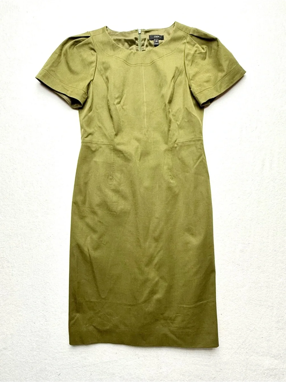 J. Crew Olive Puff-Sleeve Midi Sheath Dress